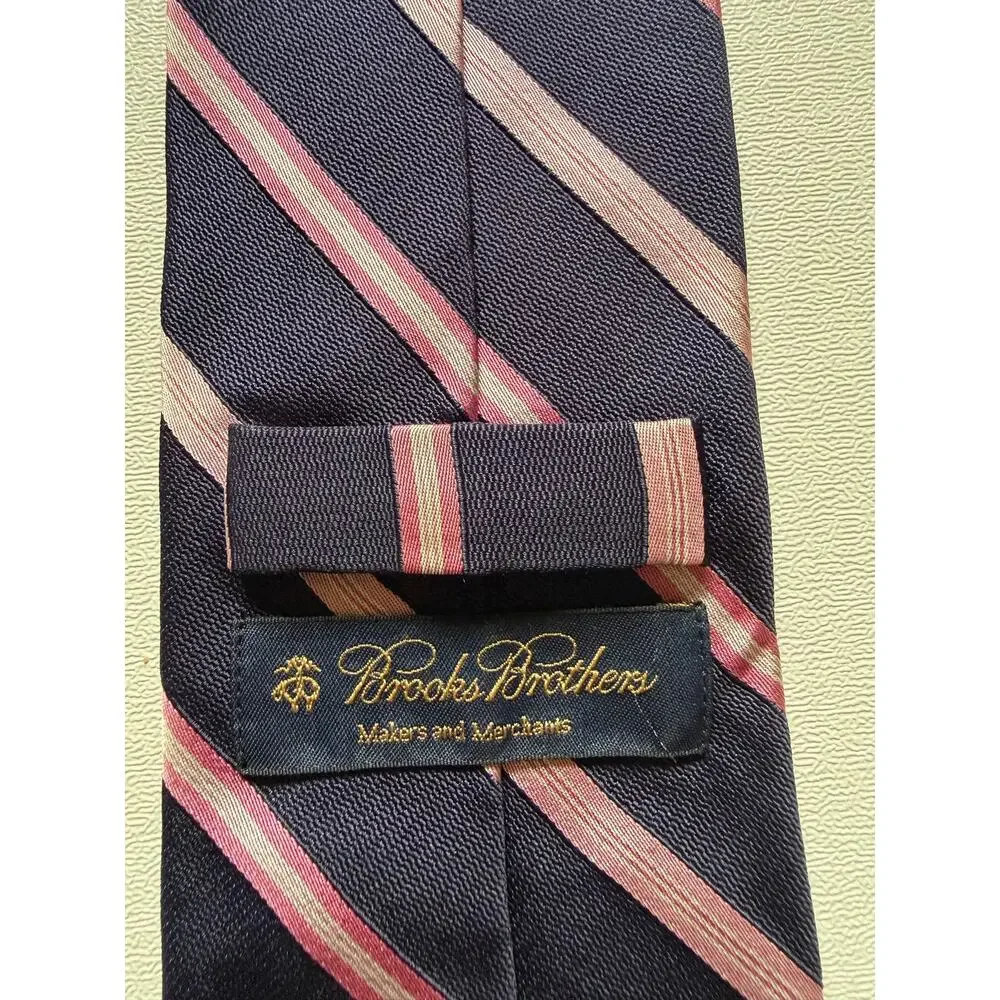 Brooks Brothers Men's Navy Pink Diagonal Stripe Repp Necktie Classic Silk Tie